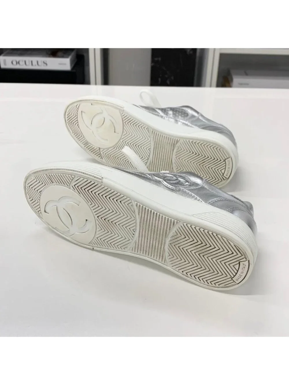 Chanel CC Logo Perforated Leather Sneakers Silver